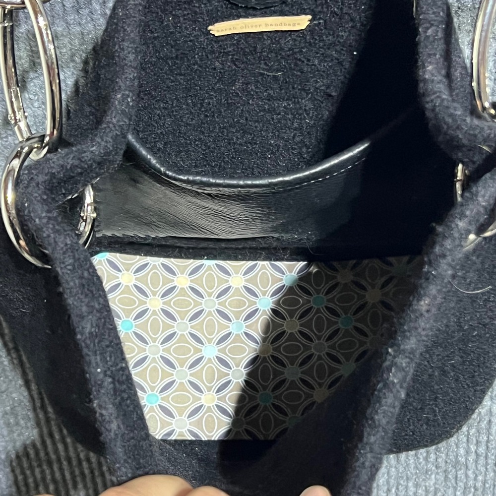 Sarah Oliver Handbags Small Black Boiled Wool Leather Strap Silver Chain Link - Picture 7 of 11